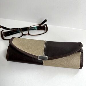 Brown Leather Eyeglasses Case Hato Hasi Snap Closure 6”x2.25”x1.25”